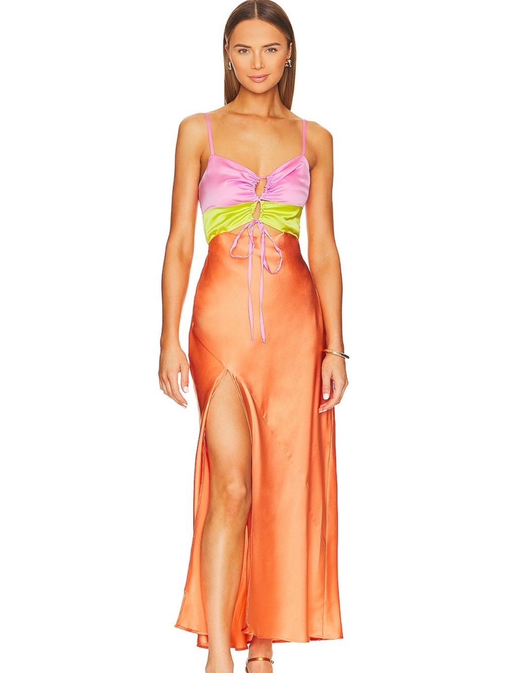 Show Me Your MuMu Pink, Lime & Orange Satin Colorblock Maxi Dress